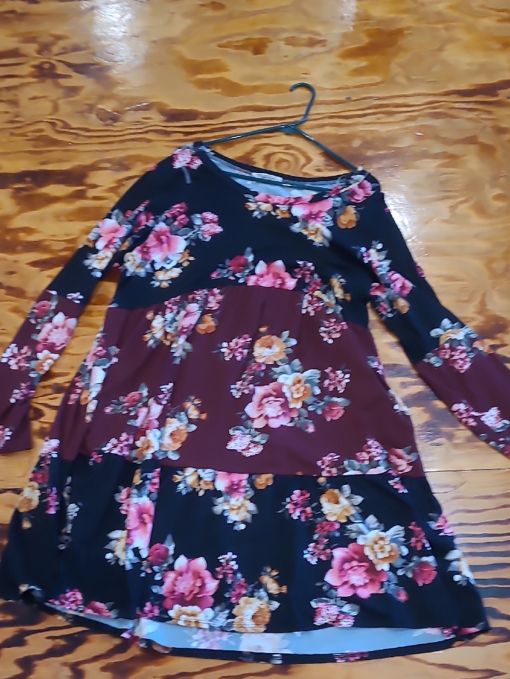 Floral Tiered Long Sleeve Swing Dress - Black & Burgundy Floral